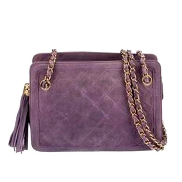 CHANEL Vintage Purple Quilted Suede Chain Link Shoulder Bag CC Logo Tassel Charm - Picture 2 of 16